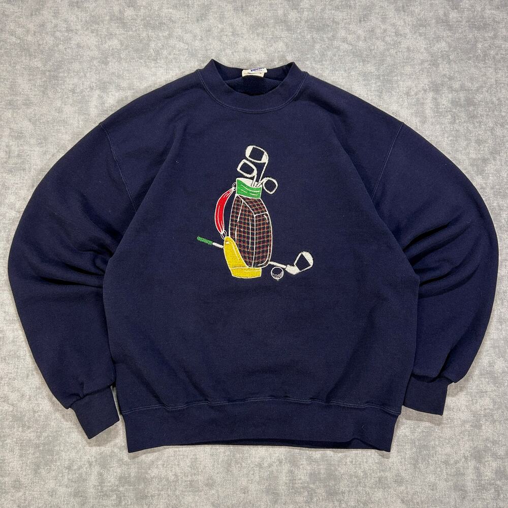Vintage 90s Jerzees Golf Crewneck Sweatshirt Navy Embroidered Golf Bag Mens L